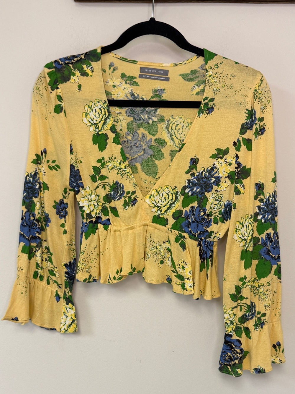 Urban Outfitters: Women's Yellow Floral Crop Top Peplum Blouse, Size S
